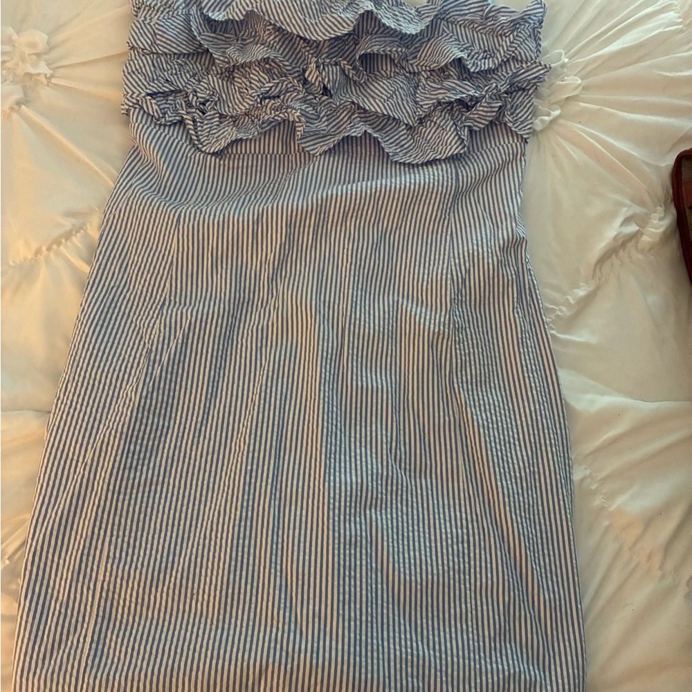 Vineyard Vines Blue and White Striped Ruffle Tube Dress